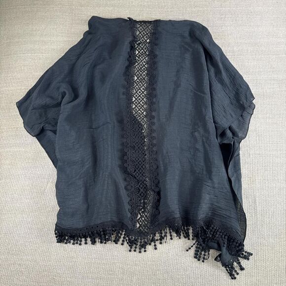 Black Fairy Goth Crochet Lace Trim Kimono Robe Cover up Shawl w/ Fringe One Size - Picture 5 of 8